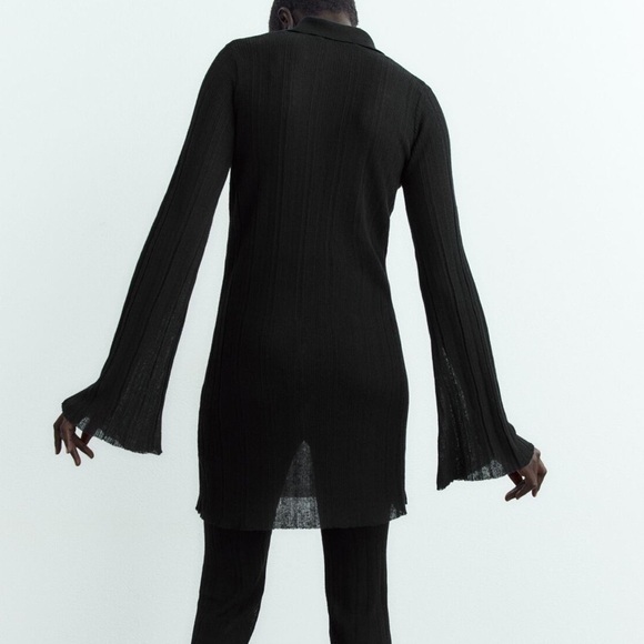 Zara Semi Sheer Rib Knit Longline Polo Black M - Picture 5 of 10
